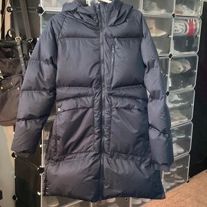 Long Quilted Hooded Puffer Coat in Deep Navy